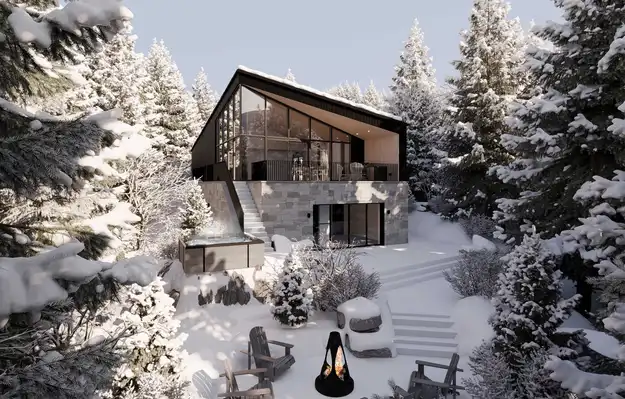 Vue extérieure de l’une des maisons à vendre dans les Laurentides du projet L’Hymne des Trembles pendant l’hiver