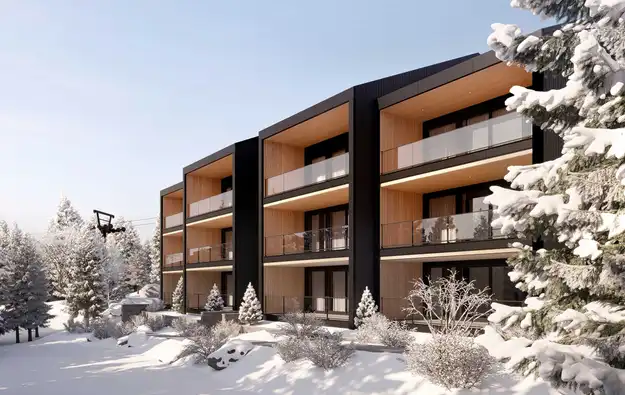 Vue extérieure de condos à vendre dans les Laurentides en hiver