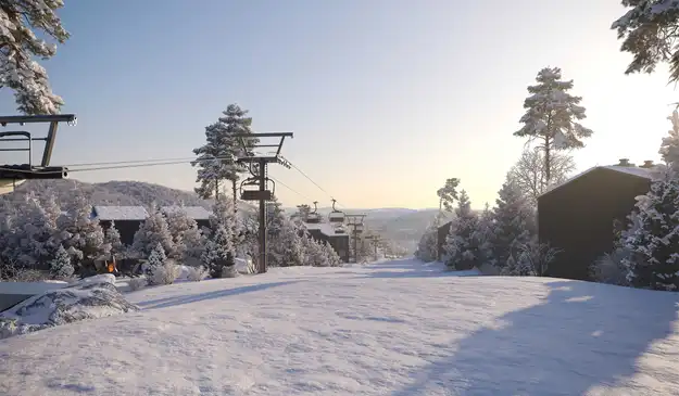 Pente de ski avec un remonte-pente située près de chalets à vendre dans les Laurentides