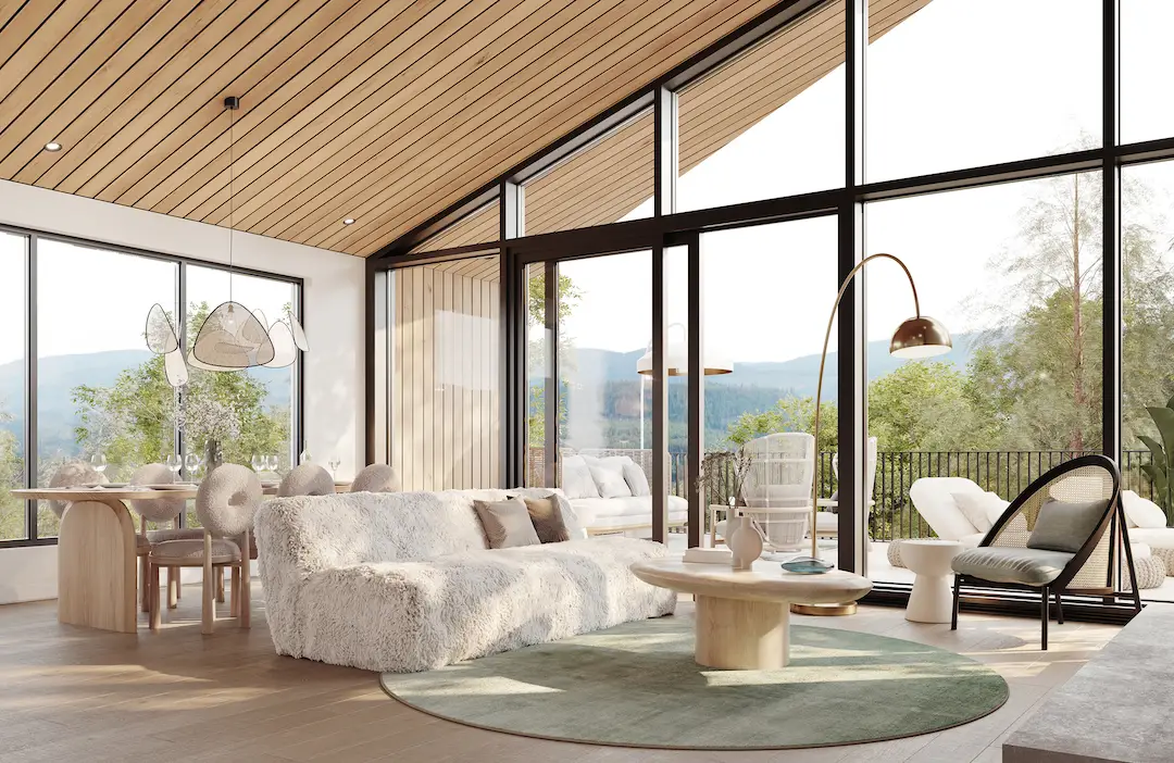 Living room with exterior view of houses for sale in Mont Tremblant