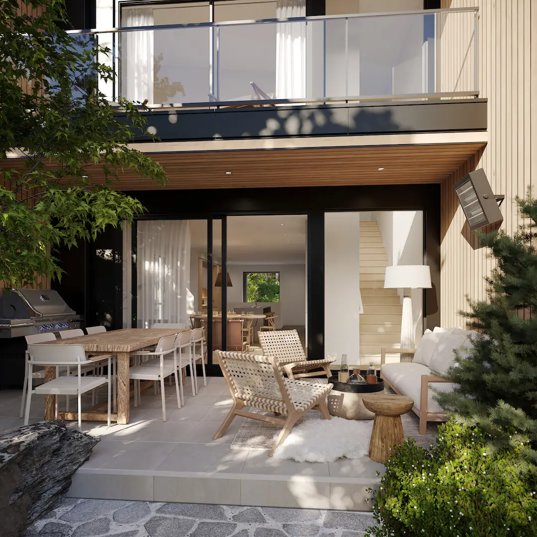 Exterior view in summer of condos for sale in Mont Tremblant